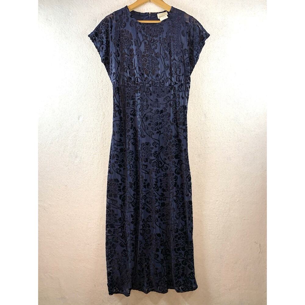 Vintage Womens Velvet Burnout Maxi Dress Sz S Navy Sheer Empire Floral Event USA